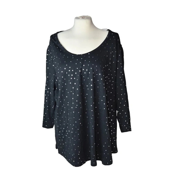 NWT Lane Bryant Black Silver Polka Dots New Years Eve Holidays Blouse L/S 22 /24 - Picture 1 of 7
